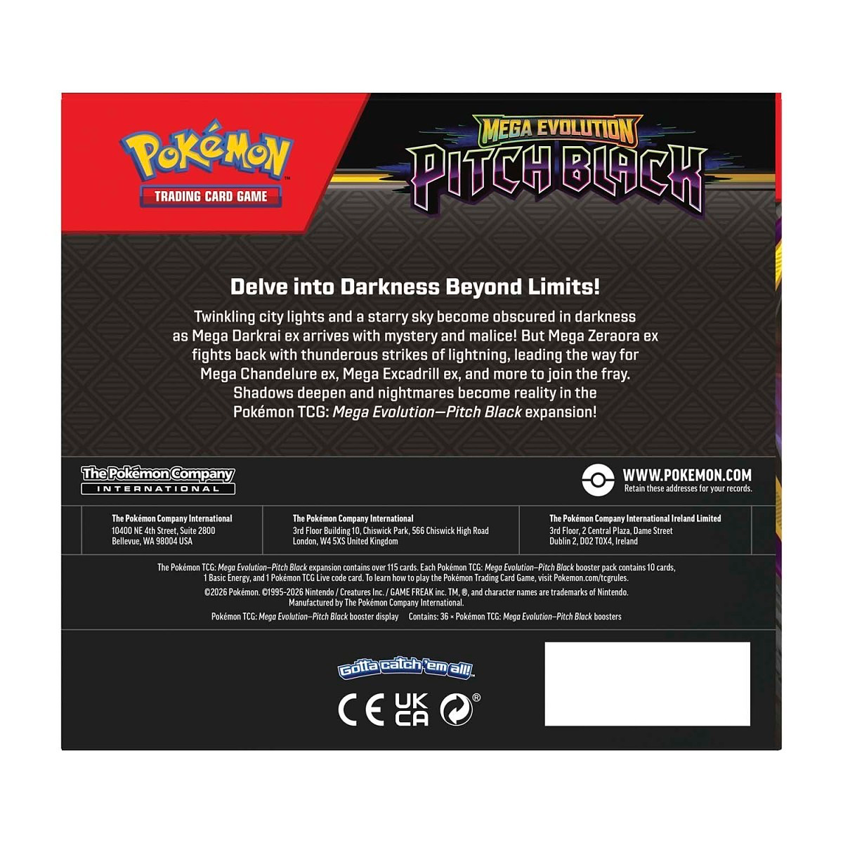The back of a Pokémon Trading Card Game box for the Mega Evolution Pitch Black expansion, featuring the Pokémon logo, the Pitch Black title, and extensive product information on a black background.
