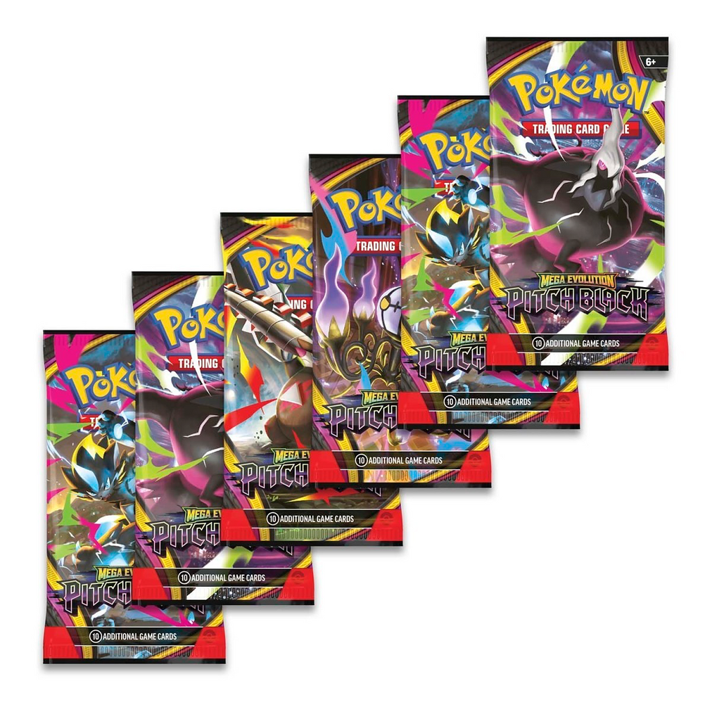 Five Pokémon Trading Cards Mega Evolution Pitch Black booster packs arranged in a cascading ladder layout on a plain white background.