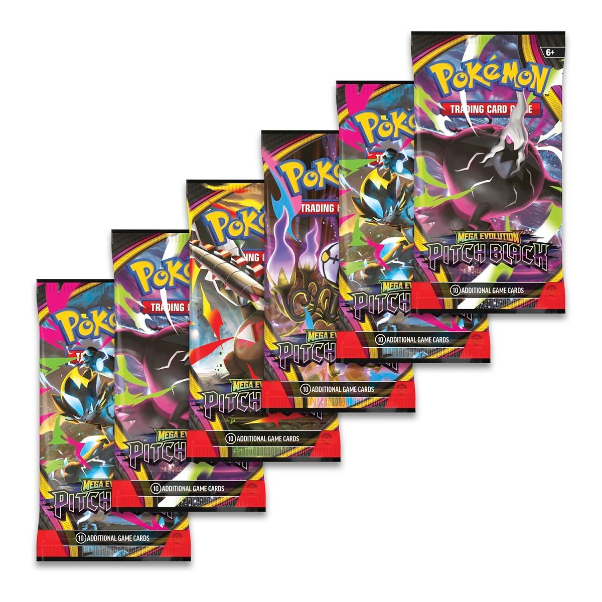 Five Pokémon Trading Cards Mega Evolution Pitch Black booster packs arranged in a cascading ladder layout on a plain white background.
