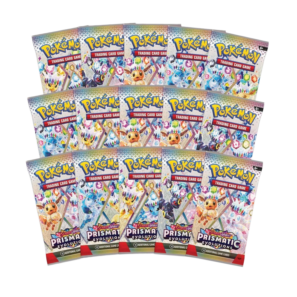 Eight packs of Pokémon Trading Card Game Prismatic Evolutions booster packs arranged in three rows on a plain white background. The packs feature colorful character artwork and branding for Prisma and Prismic.