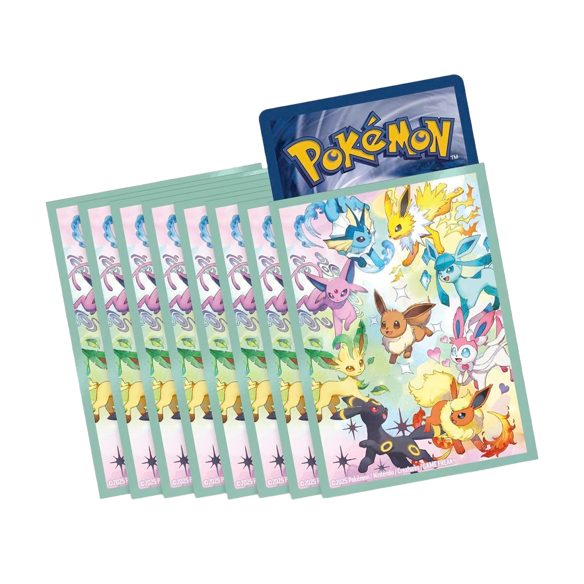 A set of Pokémon card sleeves or protective cases fanned out, with the top case showing a colorful illustration of popular Pokémon characters Eevee Evolutions featuring Umbreon, Espeon, Flareon, Leafeon, Vaporeon, Jolteon, Sylveon, Glaceon