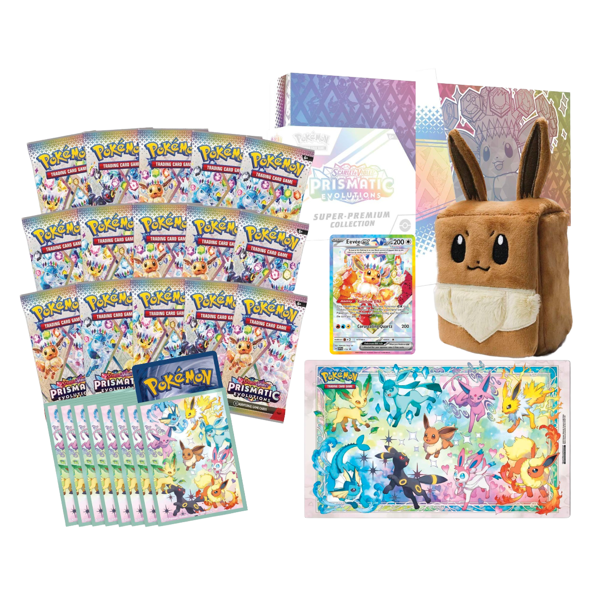 A Pokémon-themed merchandise set on a white background, including fifteen booster packs of Pokémon TCG Prismatic Evolutions, a Prismatic Collection playmat, a promo card, a plush Eevee travel case bag for storing trading cards
