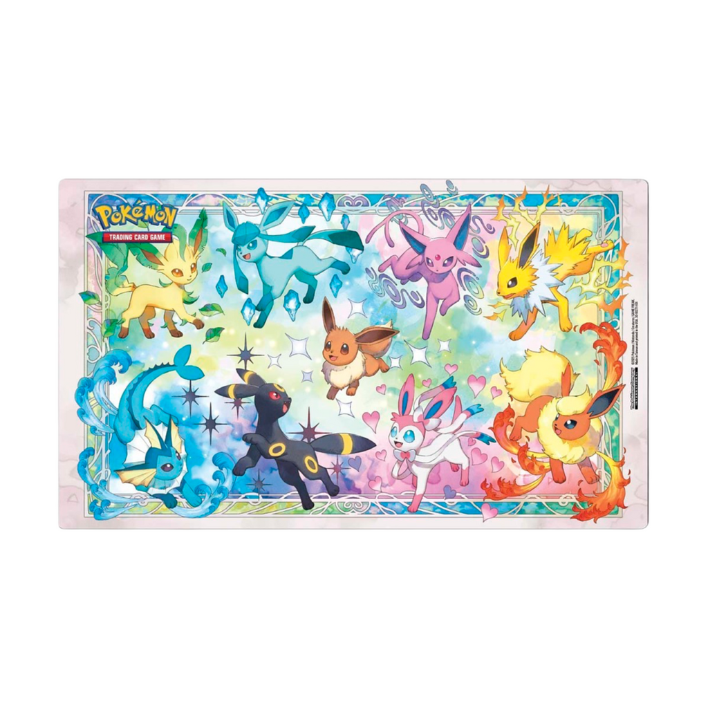 A rectangular Pokémon TCG playmat featuring multiple colorful Pokémon characters including Eevee, Eevee's evolutions, and other shiny variants, set against a plain white background.