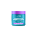 A jar of Marée Triple Action Purple Hair Mask on a solid white background. The container is a vibrant teal blue with a purple lid, and the label features white and pink text.