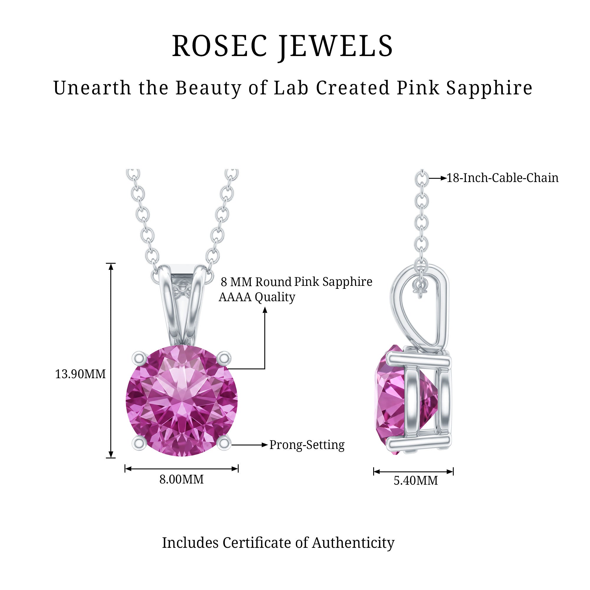 Pink Sapphire 2 Carat Lab Grown Solitaire Pendant Silver Necklace