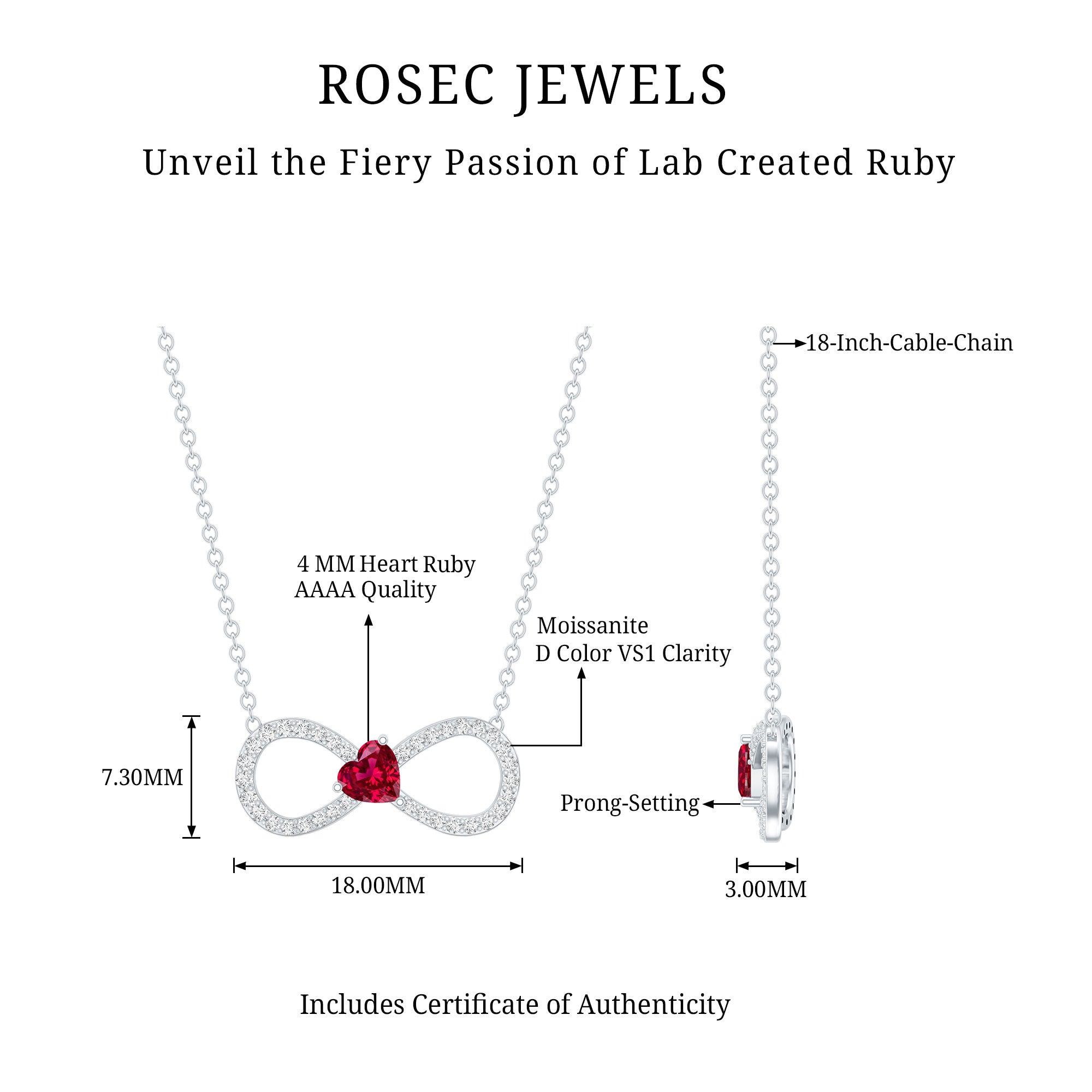 Infinity Necklace .50 CT Lab Ruby Moissanite Heart