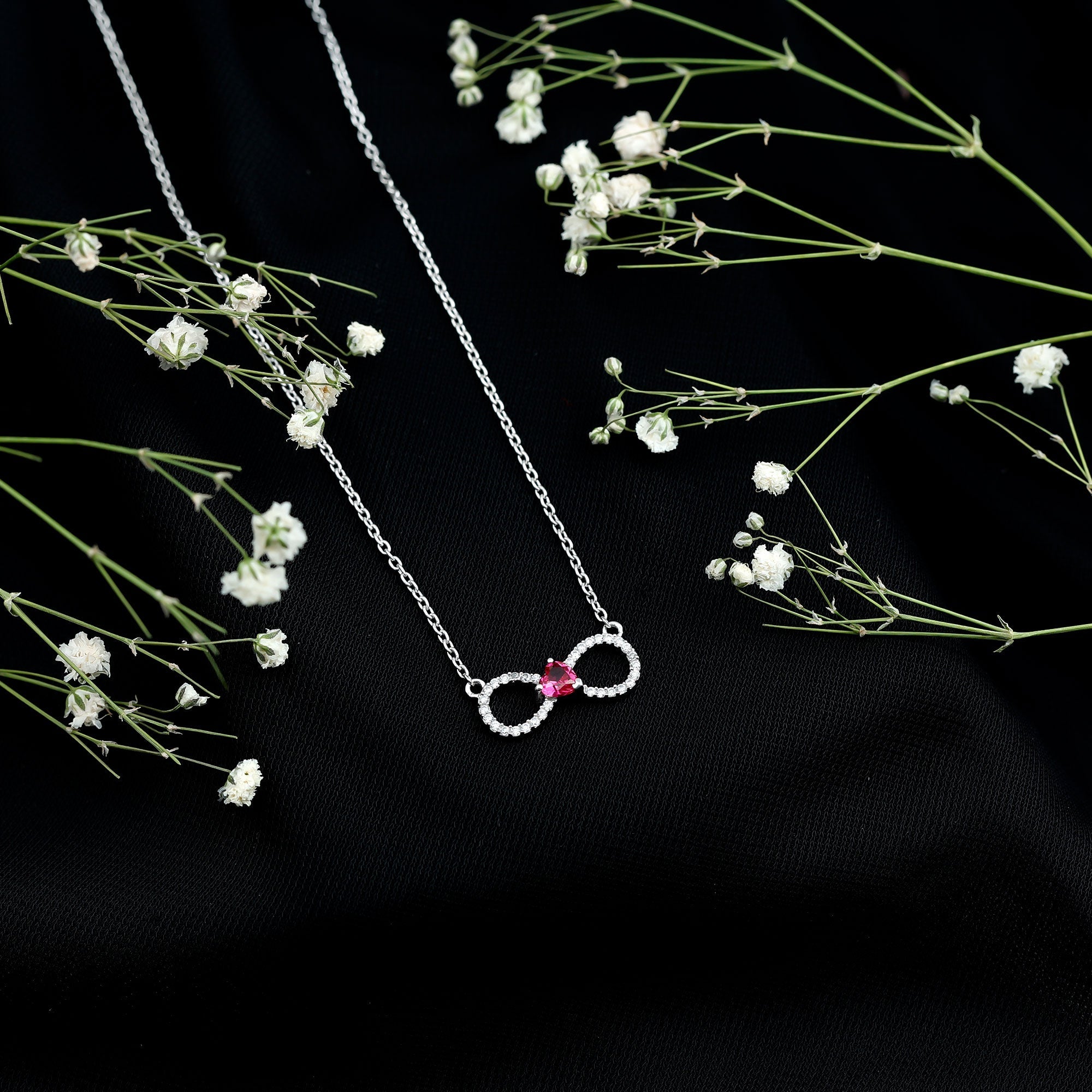 Infinity Necklace .50 CT Lab Ruby Moissanite Heart