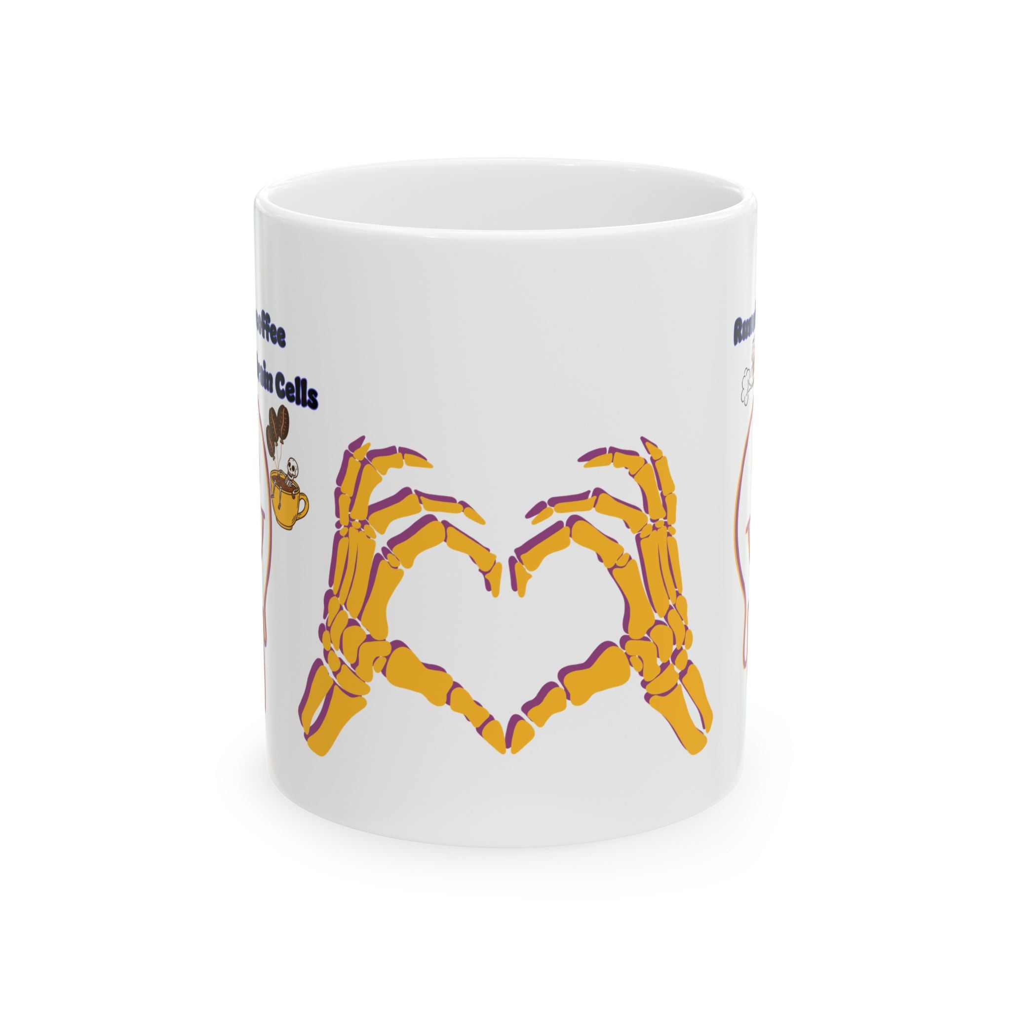 White mug with skeleton hands forming a heart design on a white background