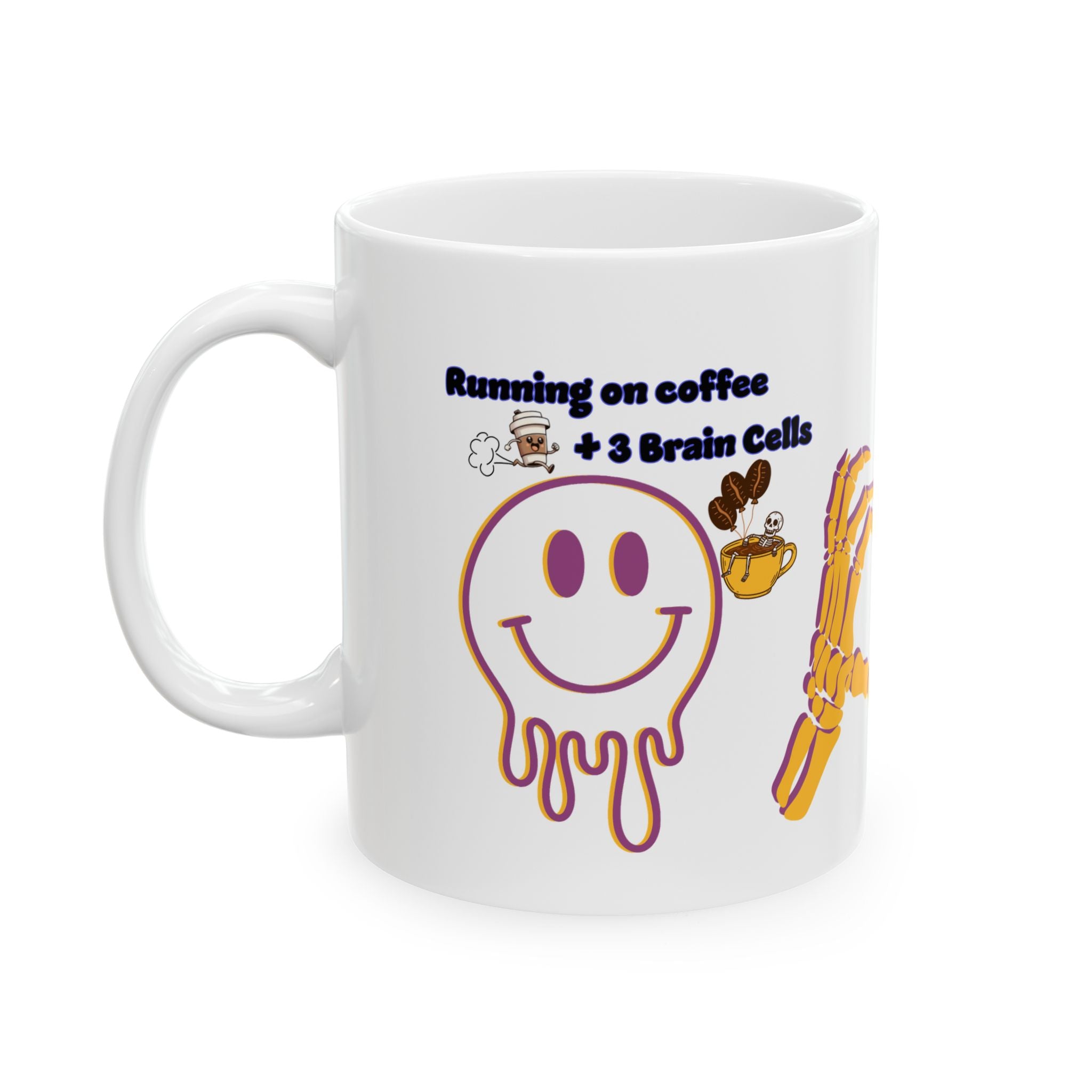 White mug with a smiley face design and text 'Running on coffee + 3 Brain Cells' on a white background