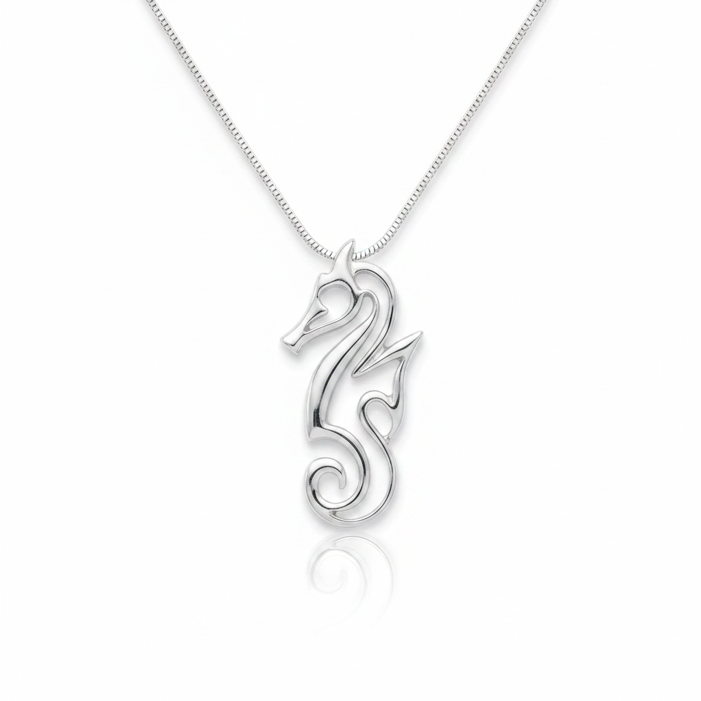 Silver seahorse pendant box fox tail round necklace