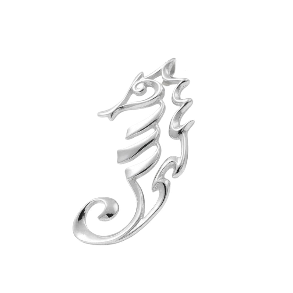 Silver seahorse-shaped pendant on a white background
