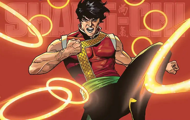Comic-style illustration of muscular superhero Shang-Chi  in a red and gold top with green pants, posed dynamically against a red background with glowing yellow circular energy lines and large stylized gold Rings.