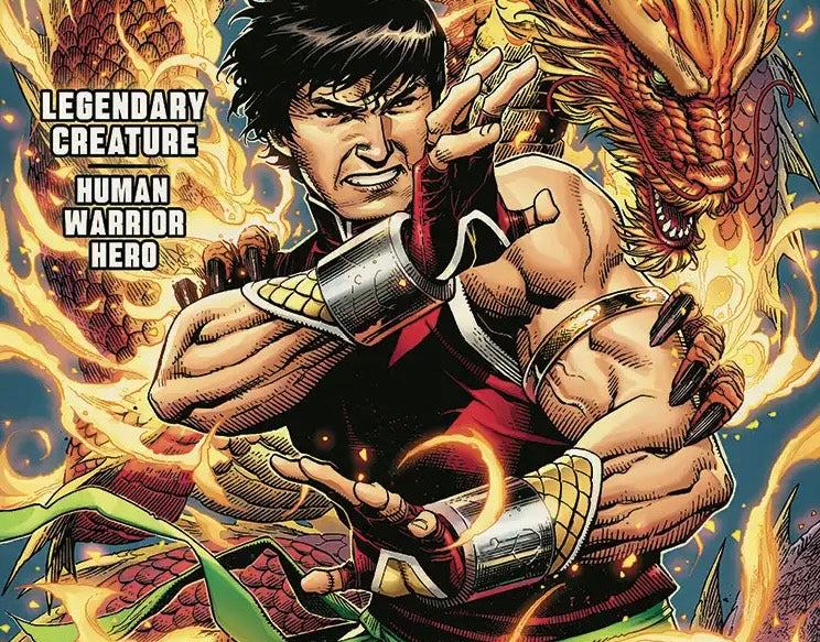Marvel's Shang-Chi: Master of Kung Fu #1 comic book card featuring Shang-Chi in a dynamic fighting pose with a fiery dragon background.
