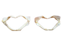 Two shark jaws shaped like hearts on a surface with a white background.