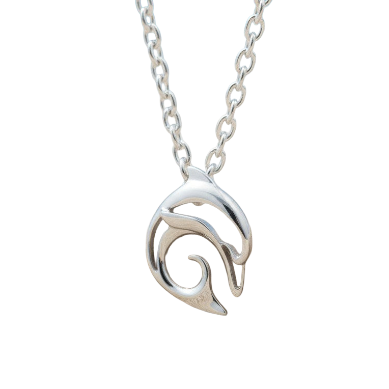Silver necklace with a wave-shaped dolphin pendant
