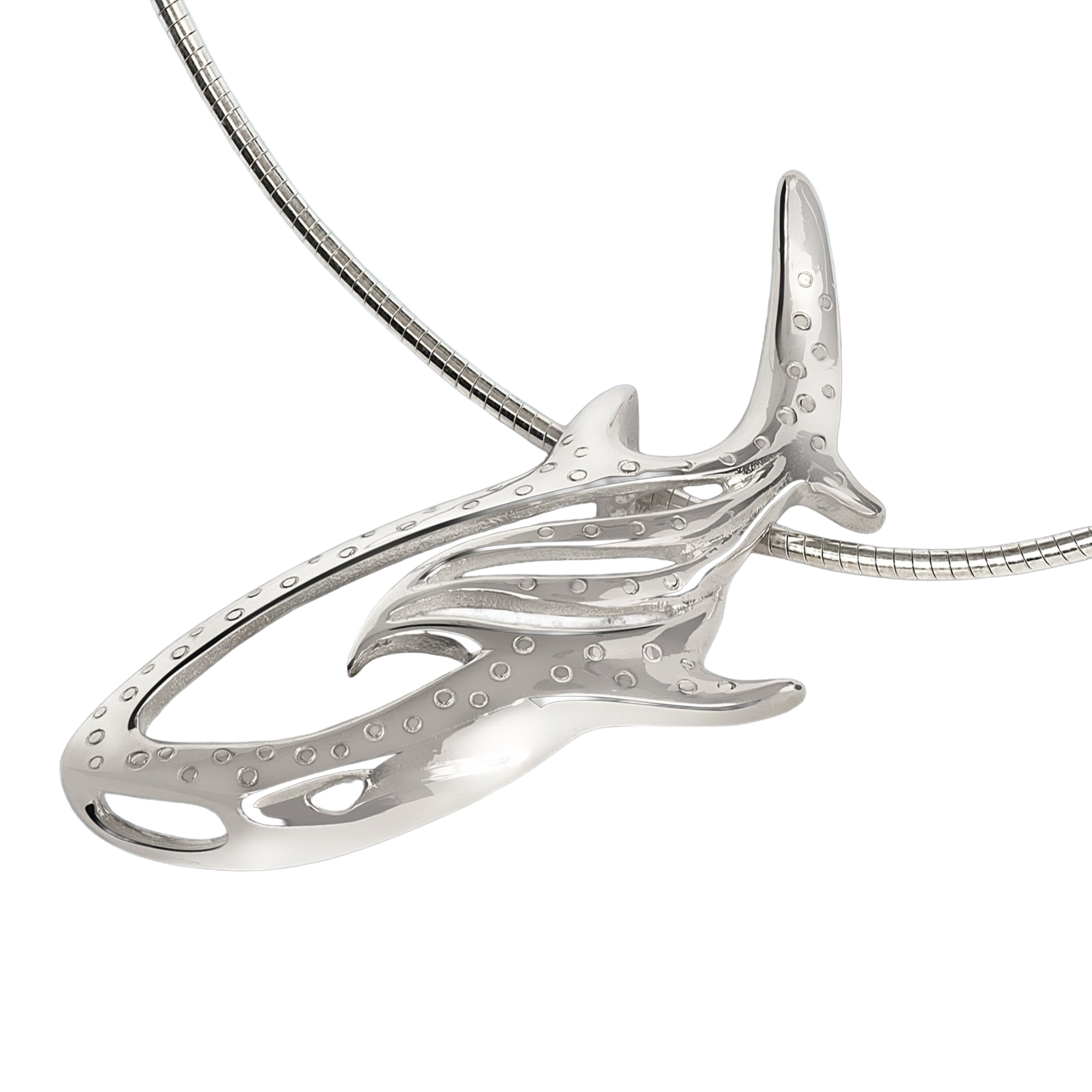 Silver whale shark dive jewelry necklace pendant on a white background