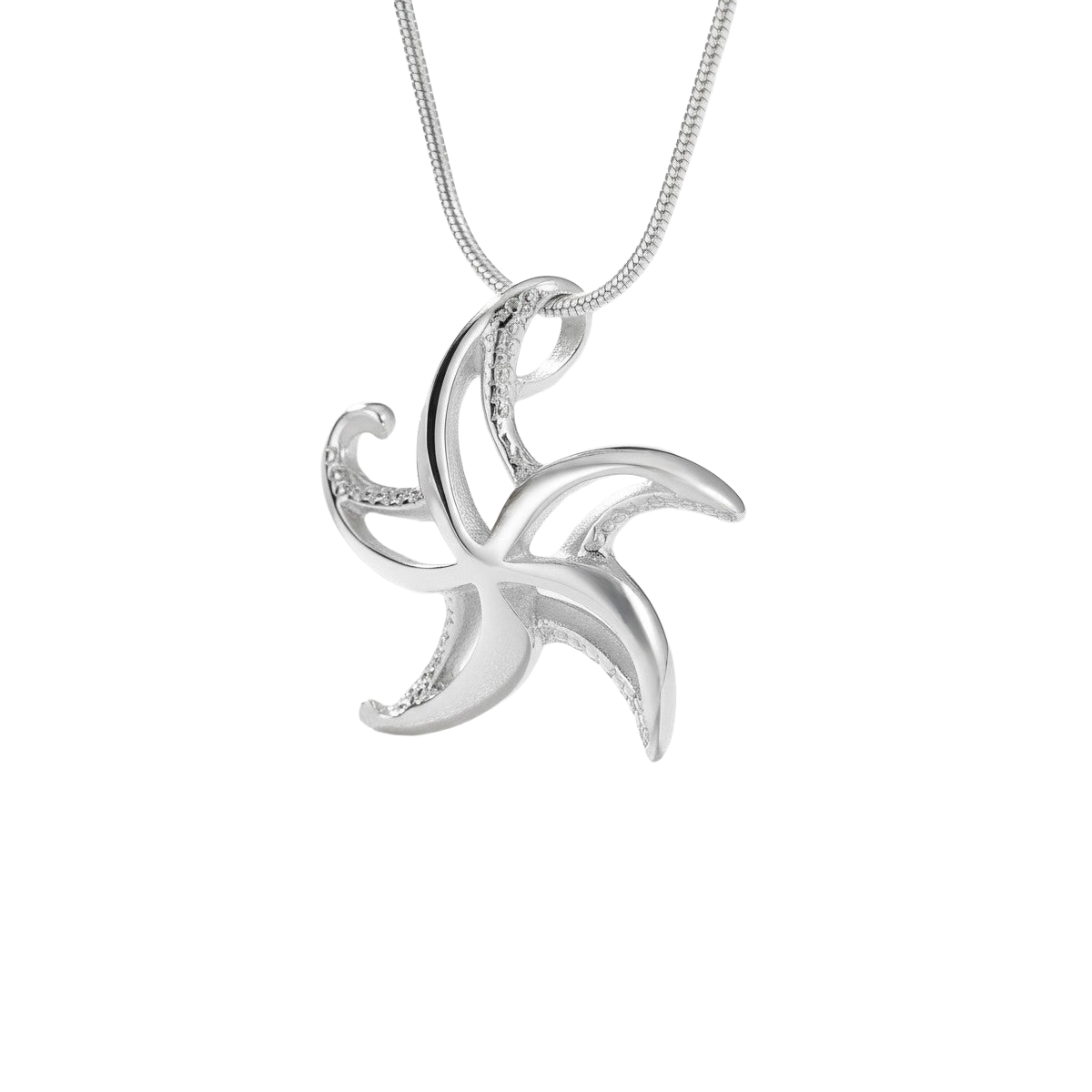 A polished silver starfish pendant necklace on a matching silver chain white background