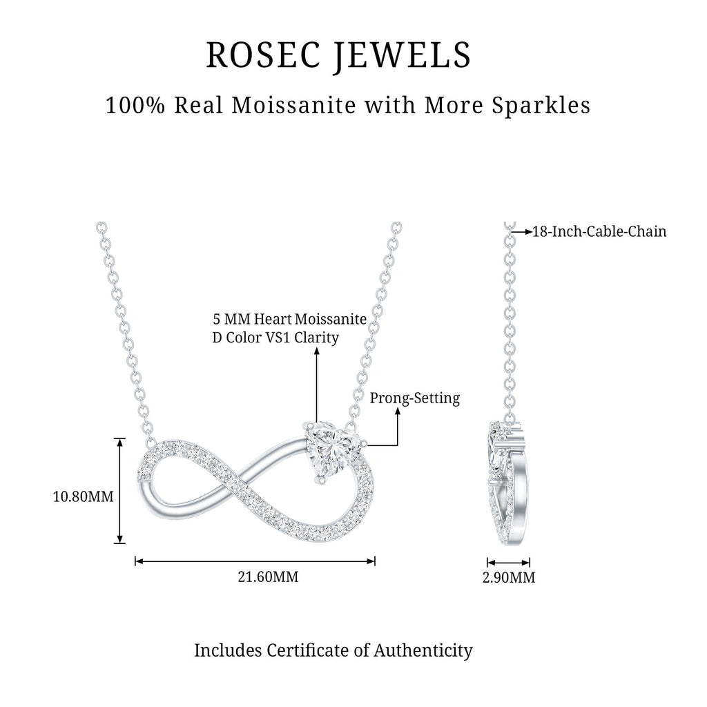 Rosec Jewels necklace infinity heart design with detailed specifications sizing reference on a white background