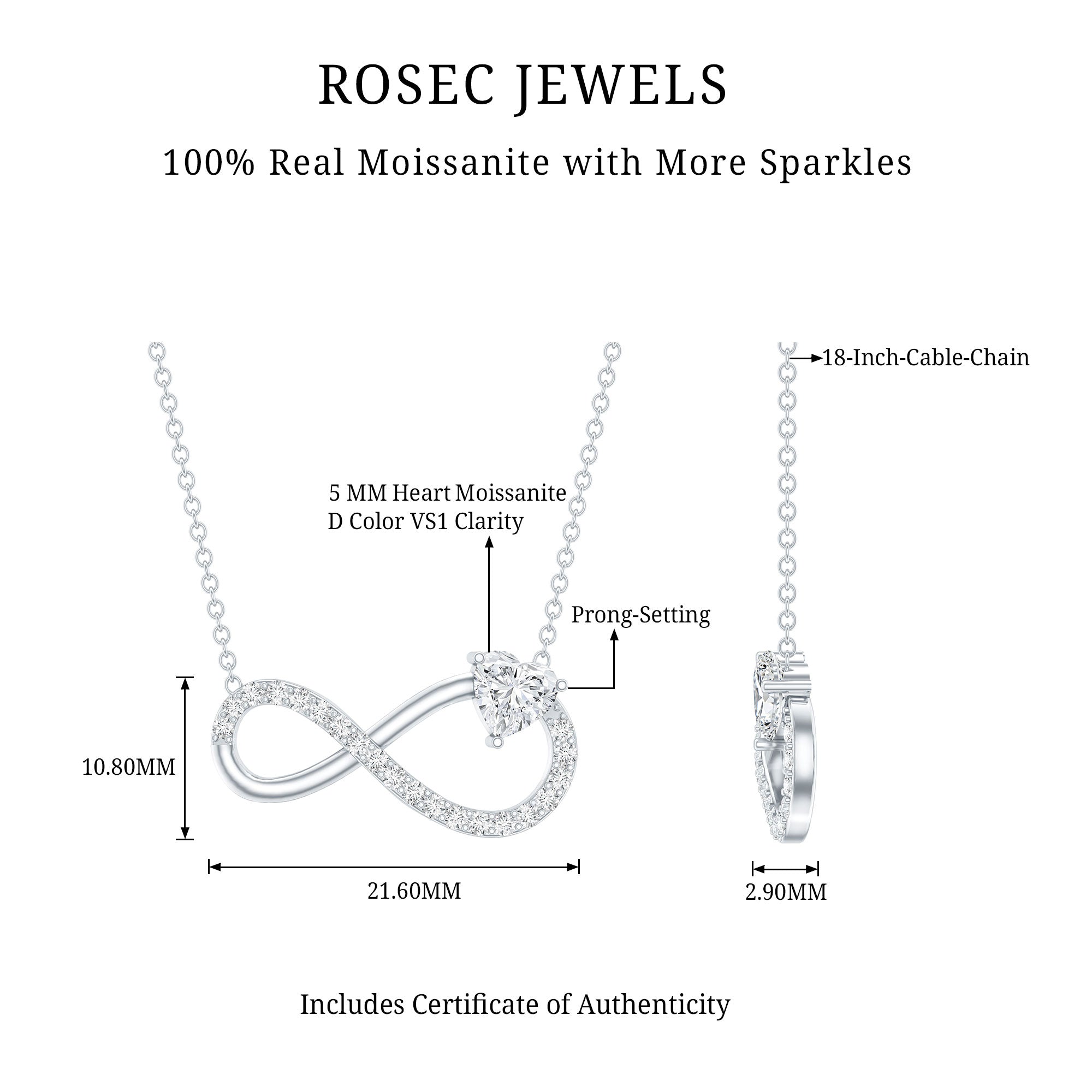 Rosec Jewels necklace infinity heart design with detailed specifications sizing reference on a white background
