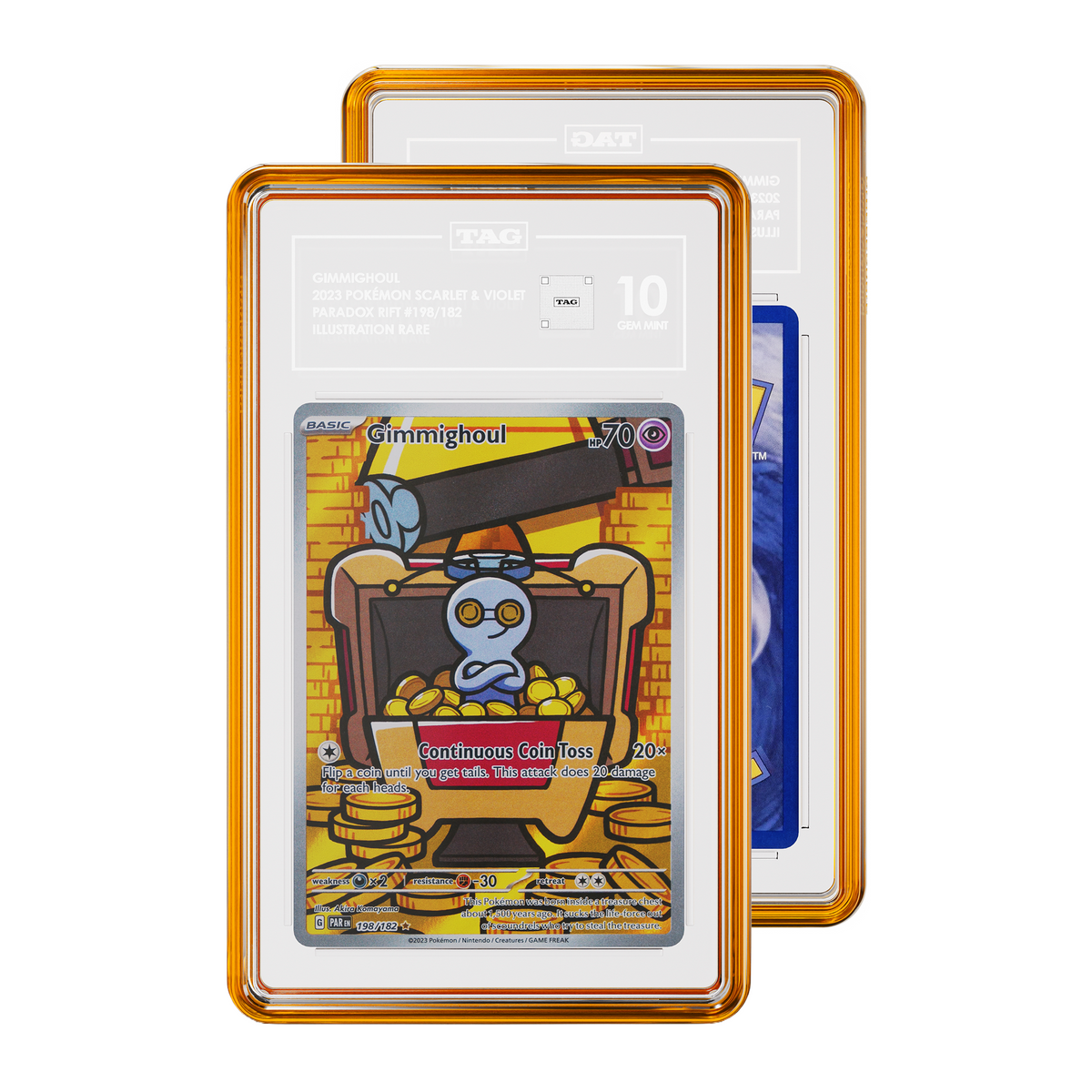 TAG graded Pokémon TCG card in amber protective case, with the front card showing graded Pokemon Gimmighoul 2023 198 Illustration Rare Paradox Rift expansion with a 10/10 grading label 10 and and a partial view of the Rear of card while a partial view of the rear of the card is visible