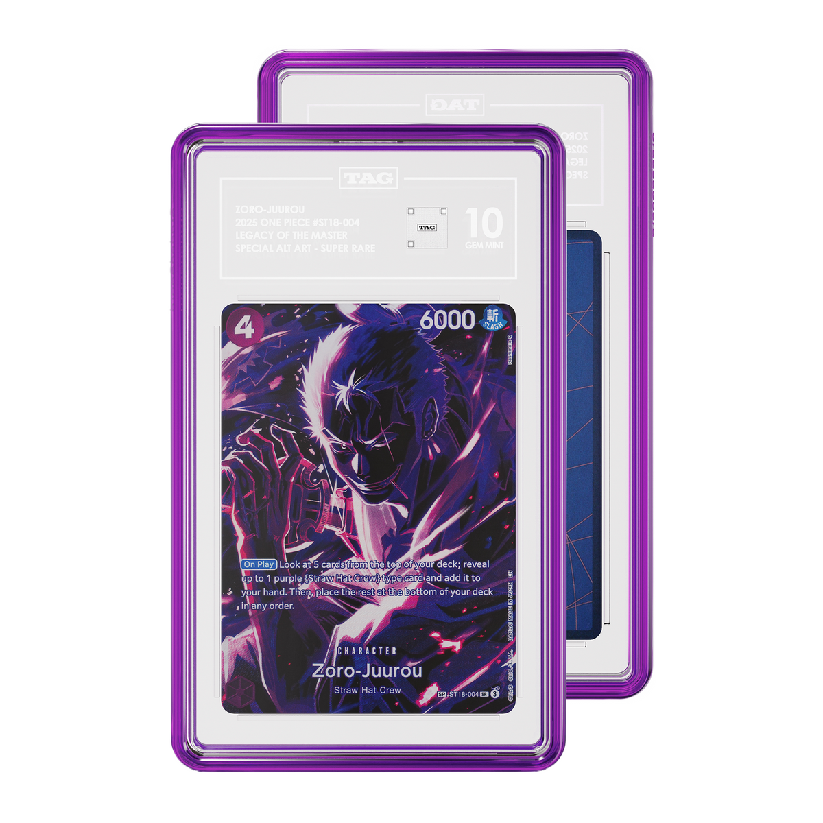 TAG graded Pokémon TCG card in Amethyst protective case, with the front card showing graded One Piece 2025 Juurou 004 ST18 Legacy of the Master Special ALT ART Super Rare Legacy of the Master expansion with a 10/10 grading label 10 and and a partial view of the Rear of card while a partial view of the rear of the card is visible
