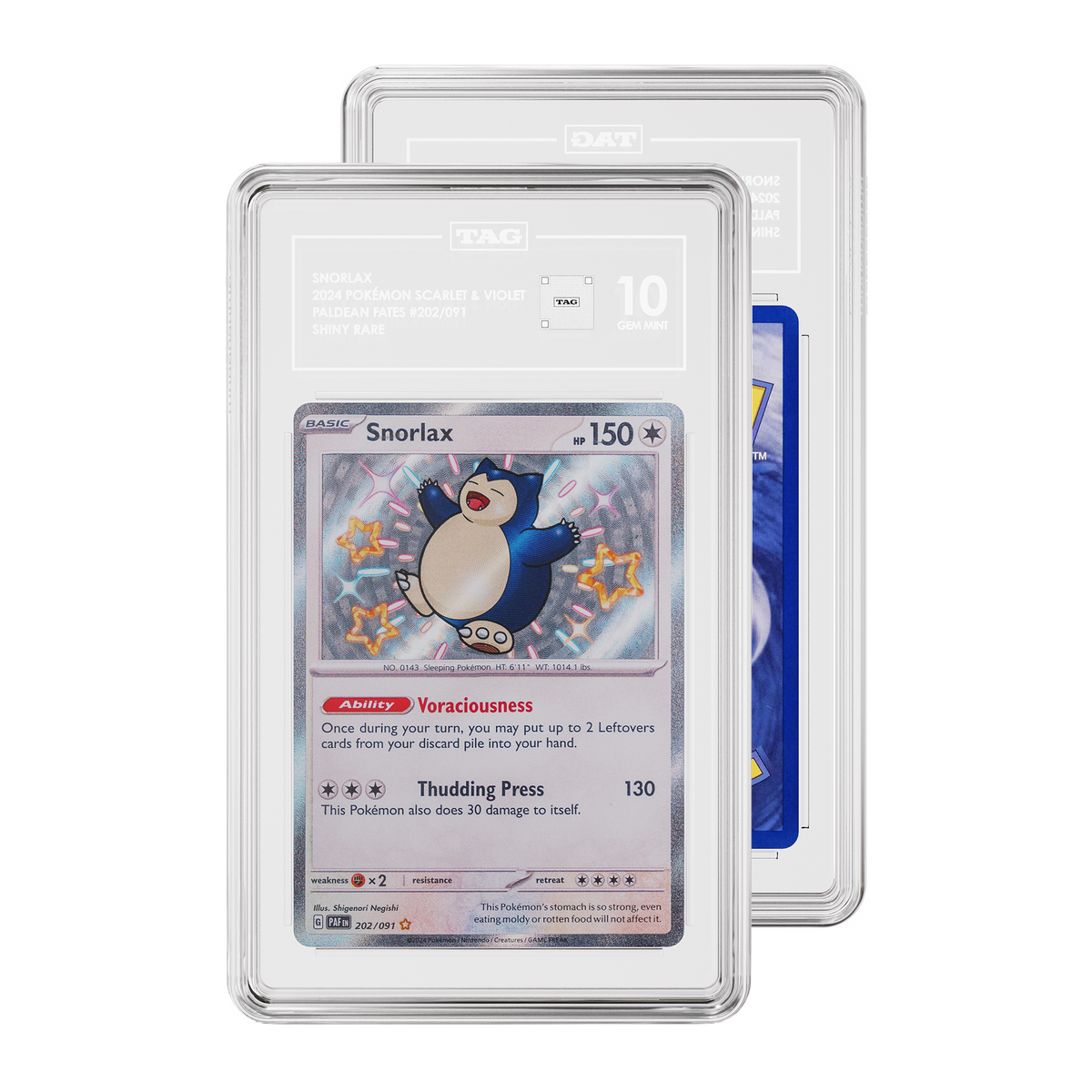TAG graded Pokémon TCG card in Crsytal Clear protective case, with the front card showing graded Pokemon 2024 Snorlax Paldean Fates Shiny Rare 202 expansion with a 10/10 grading label 10 and and a partial view of the Rear of card while a partial view of the rear of the card is visible