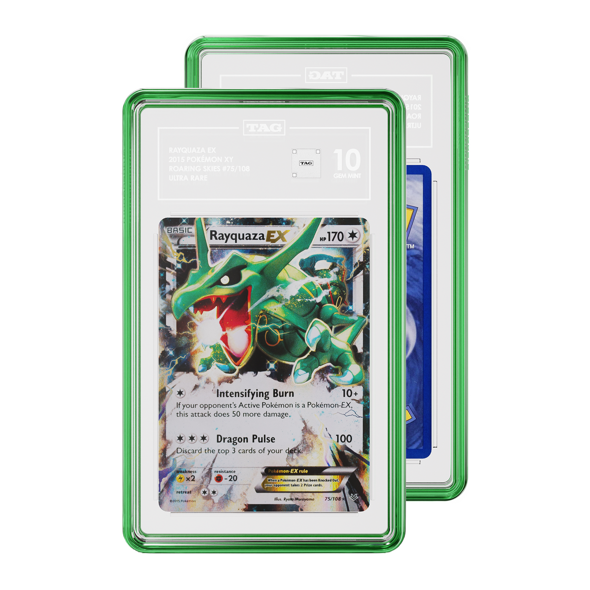TAG graded Pokémon TCG card in emerald protective case, with the front card showing graded Pokemon Rayquaza 2015 Ultra Rare 075 Roaring Skies expansion with a 10/10 grading label 10 and and a partial view of the Rear of card while a partial view of the rear of the card is visible