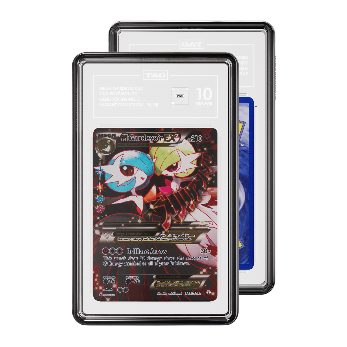 TAG graded Pokémon TCG card in Onyx protective case, with the front card showing graded Pokemon Mega Gardevoir 2026 Radiant Collection Generations XY RC31 expansion with a 10/10 grading label 10 and and a partial view of the Rear of card while a partial view of the rear of the card is visible