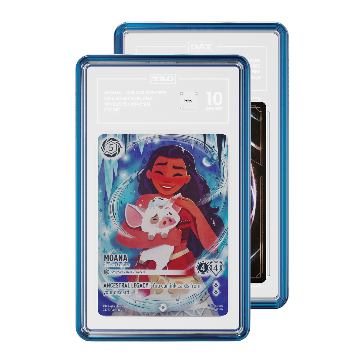 TAG graded Pokémon TCG card in Sapphire protective case, with the front card showing graded Disney Lorcana 2026 Moana 242 Iconic Winterspell expansion with a 10/10 grading label 10 and and a partial view of the Rear of card while a partial view of the rear of the card is visible