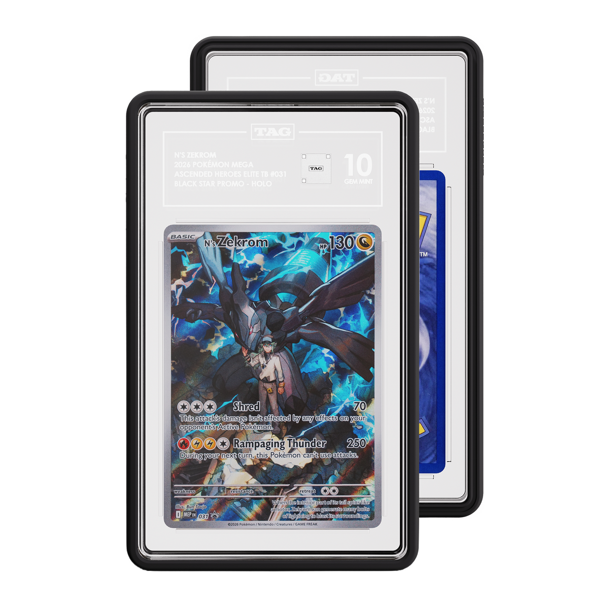 TAG graded Pokémon TCG card in blue protective case, with the front card showing graded Pokemon Zekrom card Ascended Heroes expansion with a 10/10 grading label 10 and and a partial view of the Rear of card while a partial view of the rear of the card is visible