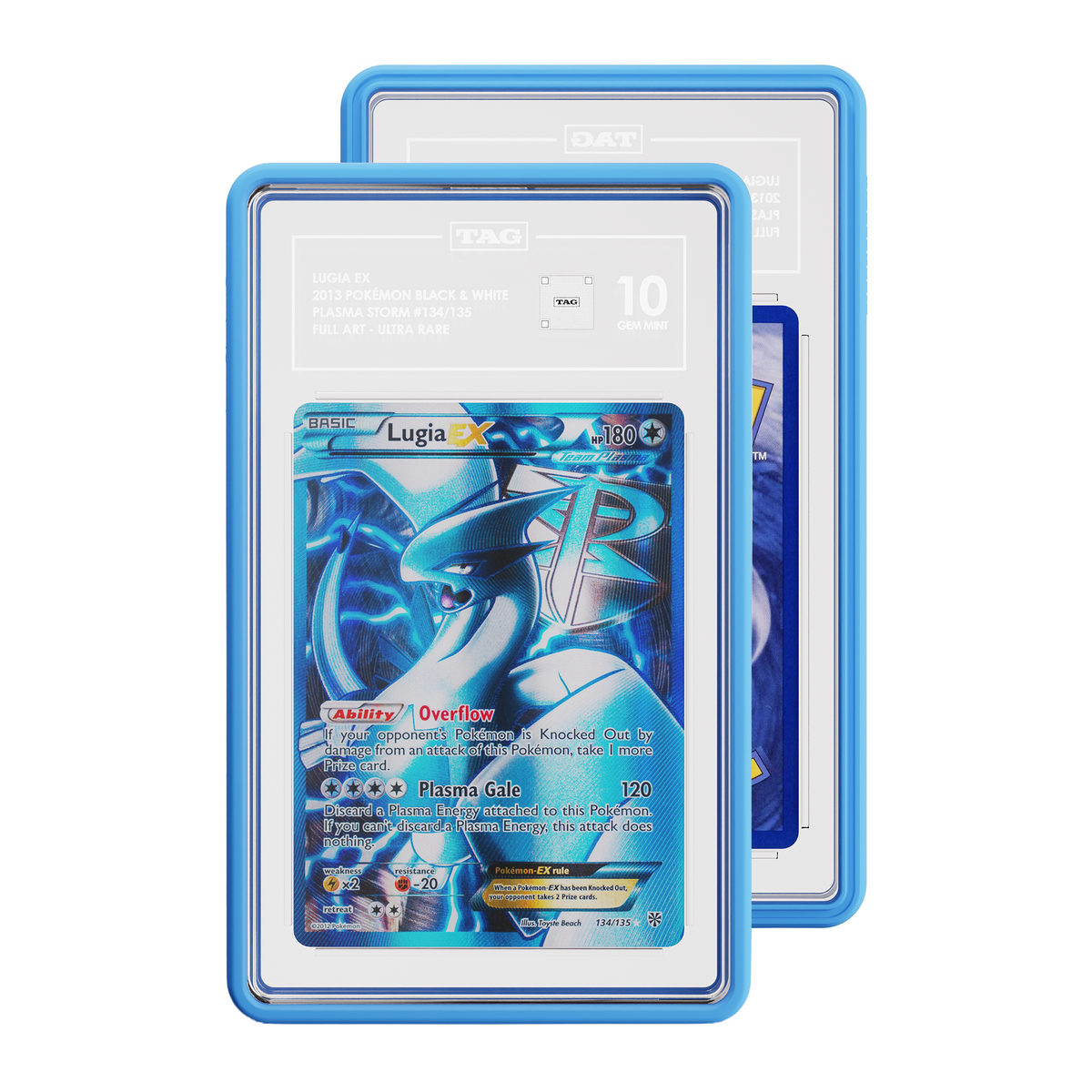 TAG graded Pokémon TCG card in blue protective case, with the front card showing Plasma Storm Lugia card graded 10 and and a partial view of the Rear of card.