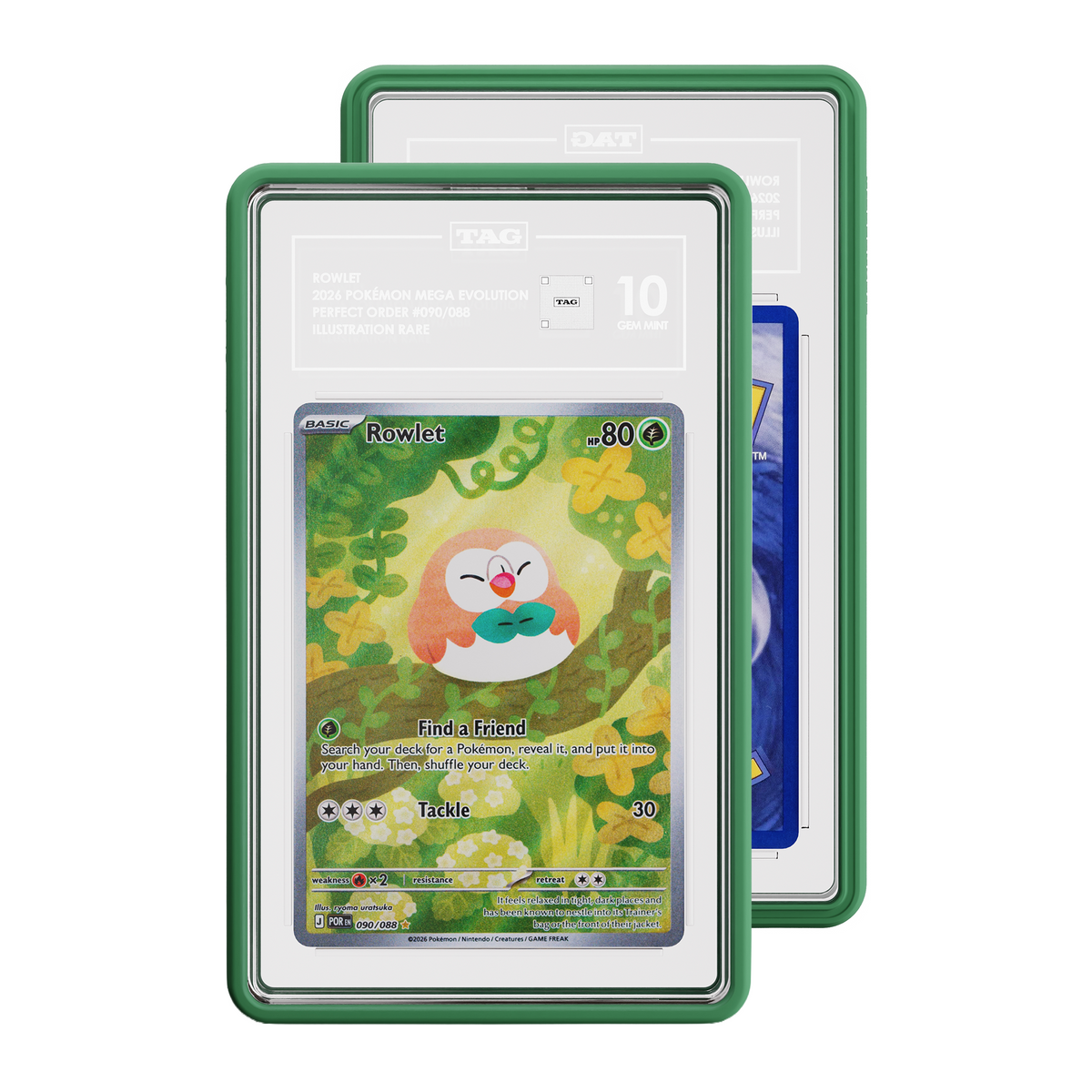 TAG graded Pokémon TCG card in green protective case, with the front card showing Perfect Order Rowlet card graded 10 and and a partial view of the Rear of card.