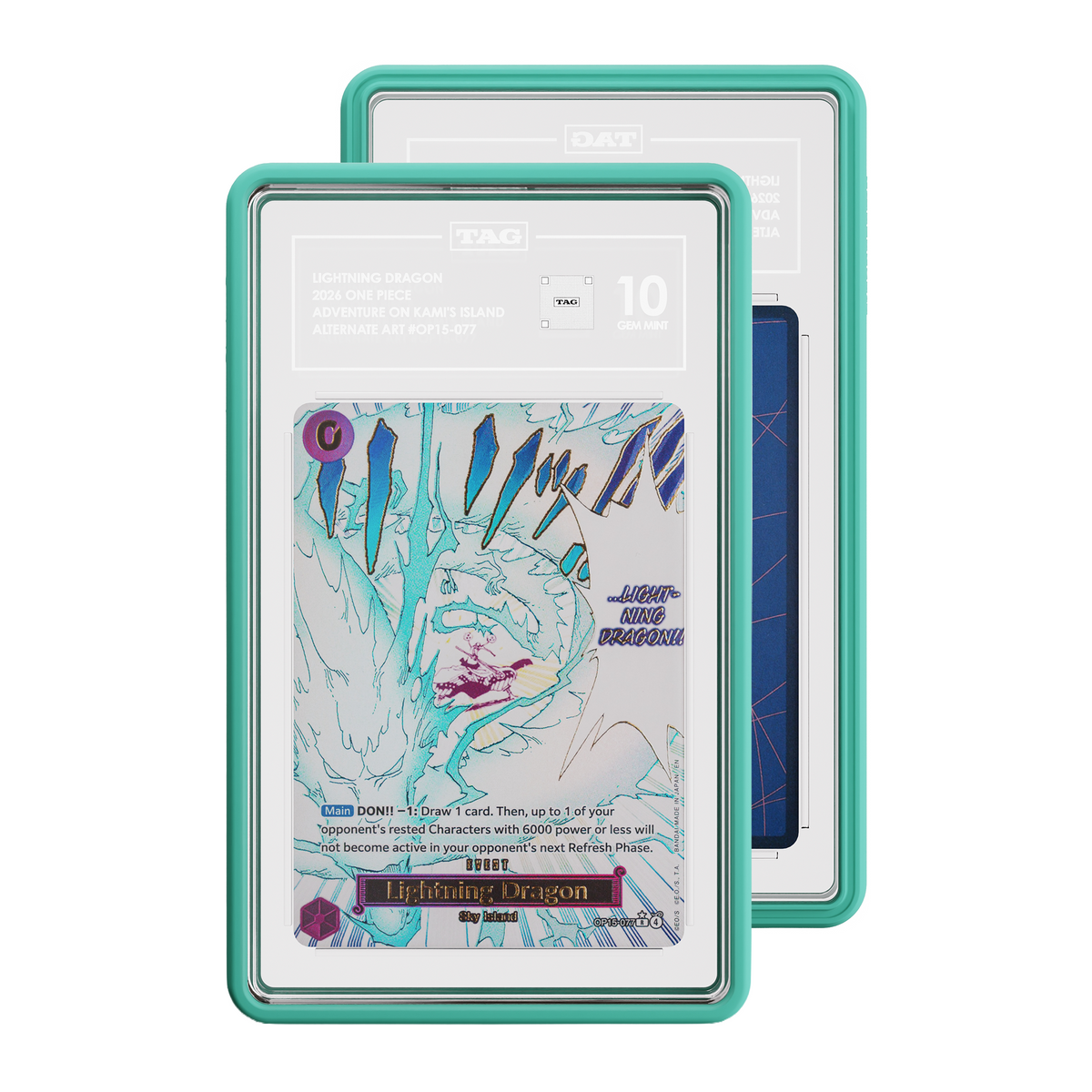TAG graded Pokémon TCG card in Mint colored protective case, with the front card showing Lightning Dragon One Piece 2026 Adventure on Kami's Island Alternate Art OP15 077 card graded 10 and and a partial view of the Rear of card.
