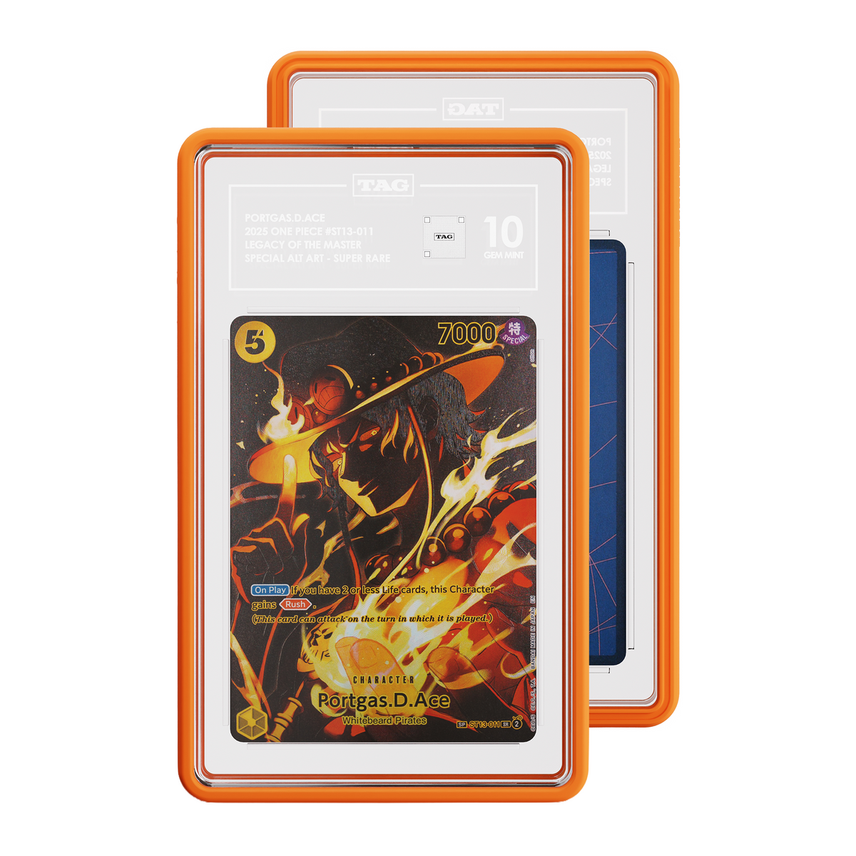 TAG graded Pokémon TCG card in orange colored protective case, with the front card showing One Piece Legacy of the Master ST13 011 Special Alt Art card graded 10 and and a partial view of the Rear of card.