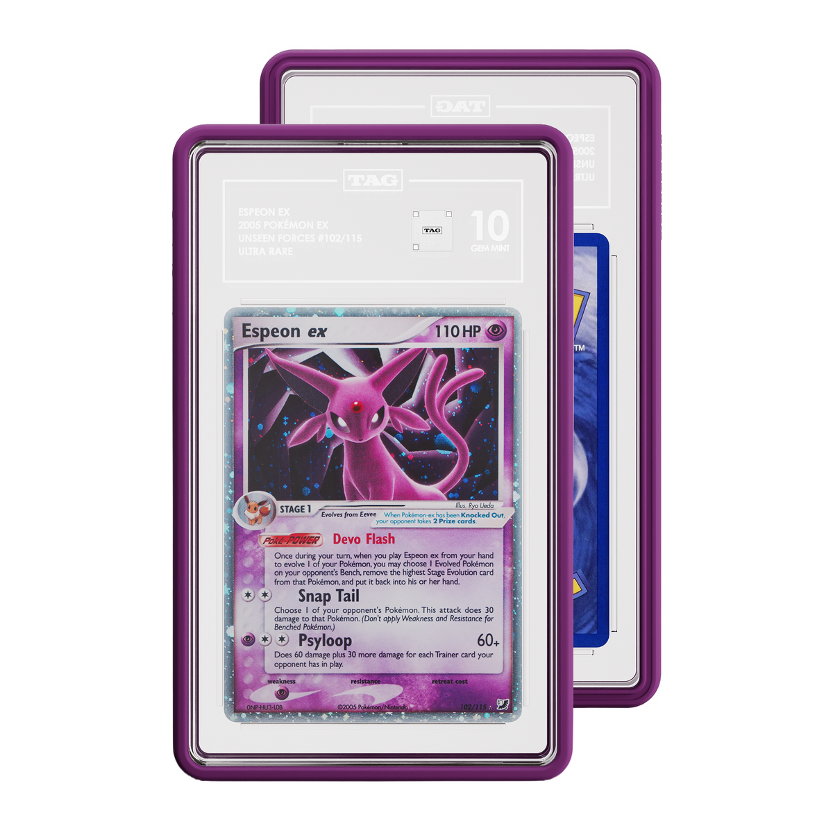 TAG graded Pokémon TCG card in purple protective case, with the front card showing Unseen Forces Espeon card graded 10 and and a partial view of the Rear of card.