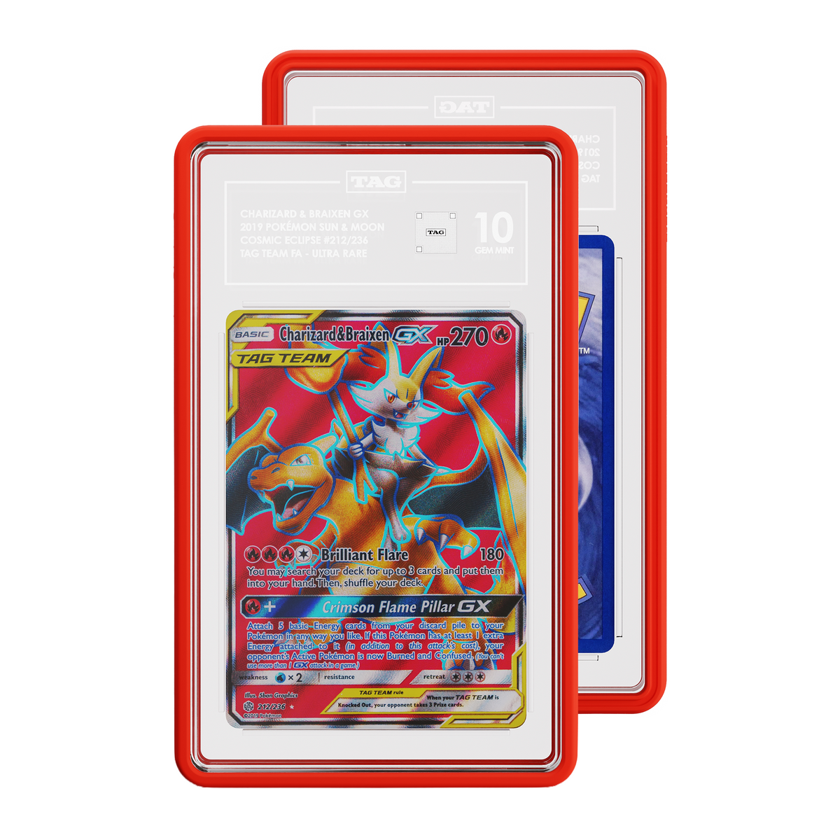 TAG graded Pokémon TCG card in red protective case, with the front card showing Cosmic Eclipse 212 Tag Team Ultra Rare card graded 10 and and a partial view of the Rear of card.