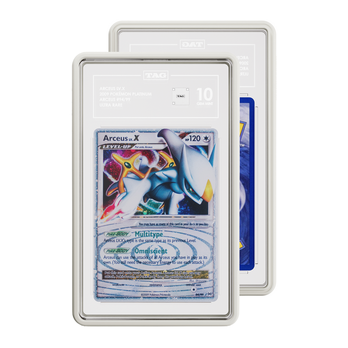 TAG graded Pokémon TCG card in white protective case, with the front card showing 2009 Pokemon Platinum Arceus Ulra Rare card graded 10 and and a partial view of the Rear of card.