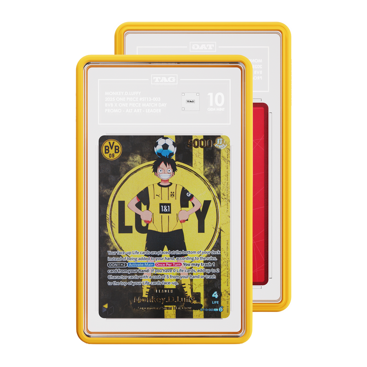 TAG graded Pokémon TCG card in Yellow protective case, with the front card showing BVB 2025 Match Day Promo Monkey D. Luffy Leader graded card 10 and and a partial view of the Rear of card.