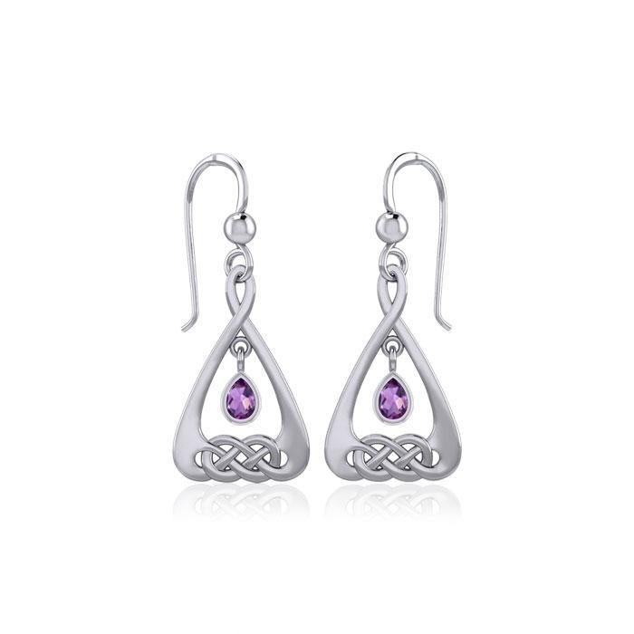 Celtic Knot Reverse Heart Teardrop Dangle Silver Earrings Gemstone Amethyst