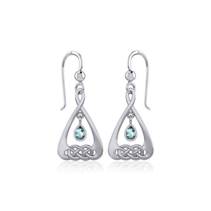 Celtic Knot Reverse Heart Teardrop Dangle Silver Earrings Gemstone Blue Topaz