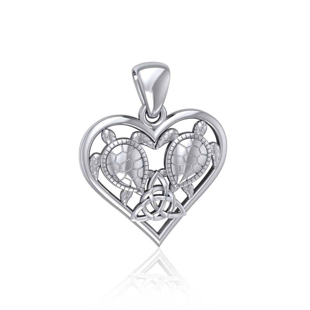 Sea Turtles with Celtic Triquetra in Heart Sterling Silver Pendant