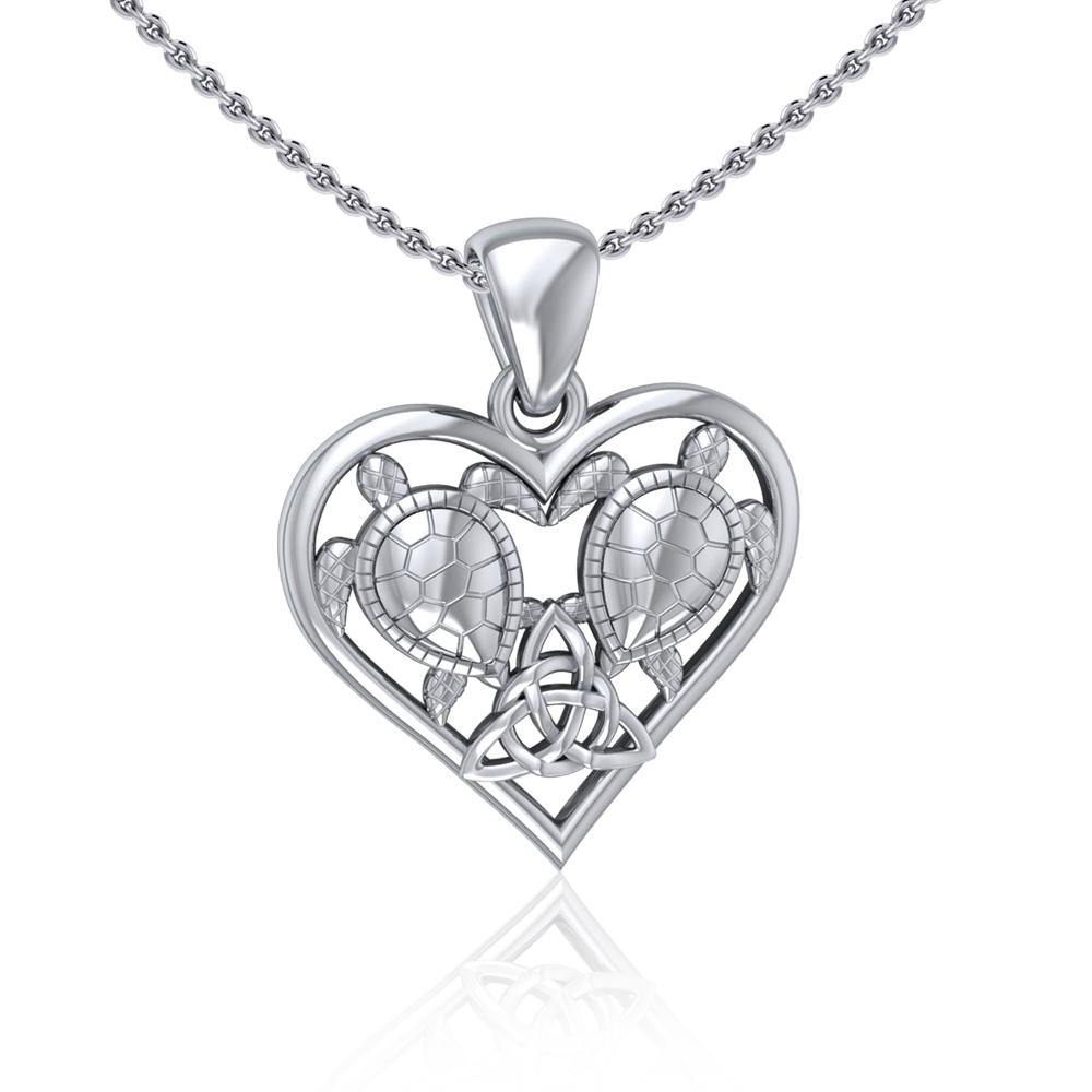 Sea Turtles with Celtic Triquetra in Heart Sterling Silver Pendant