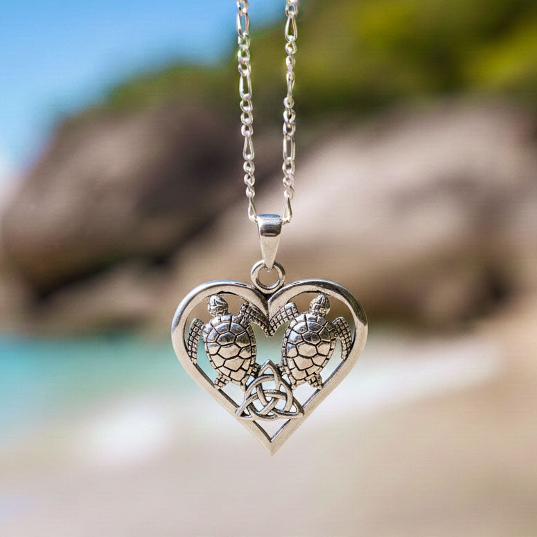 Sea Turtles with Celtic Triquetra in Heart Sterling Silver Pendant