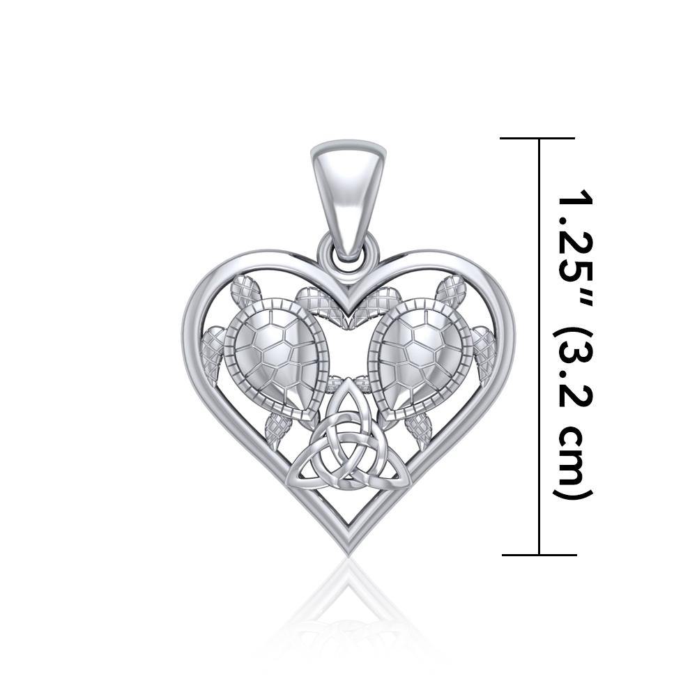 Sea Turtles with Celtic Triquetra in Heart Sterling Silver Pendant