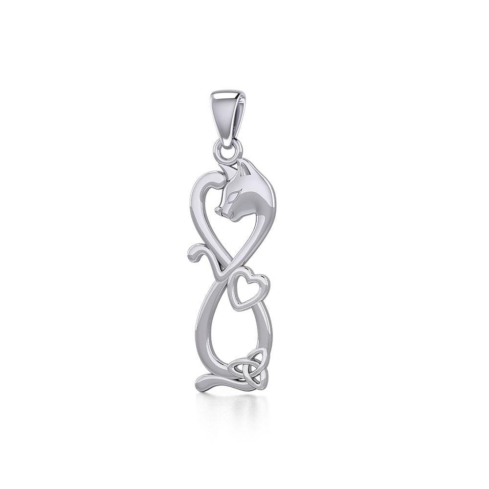 Infinity Cat with Heart and Celtic Trinity Knot Sterling Silver Pendant