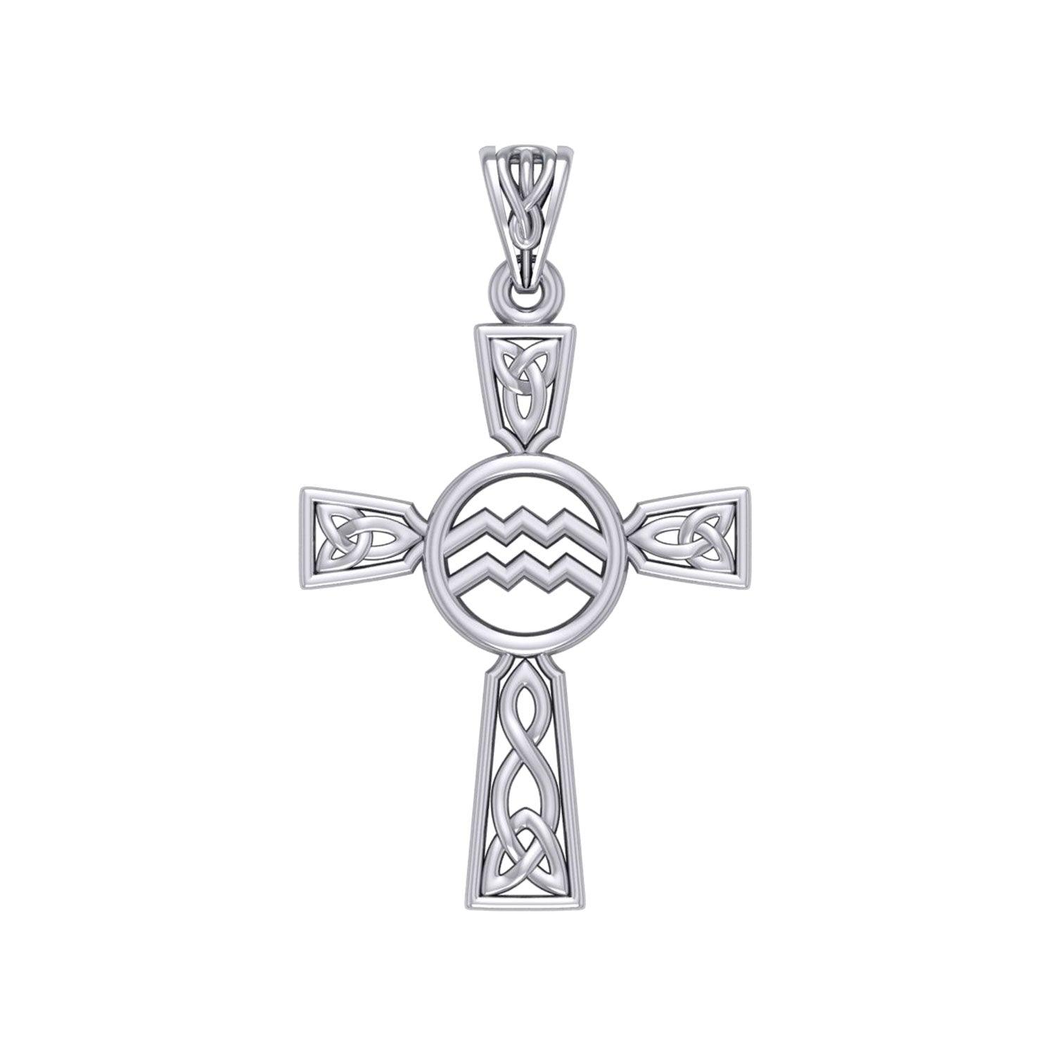 Celtic Cross Aquarius Astrology Zodiac Sign Sterling Silver Pendant