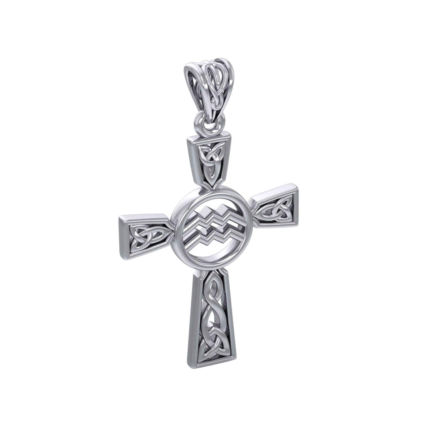 Celtic Cross Aquarius Astrology Zodiac Sign Sterling Silver Pendant