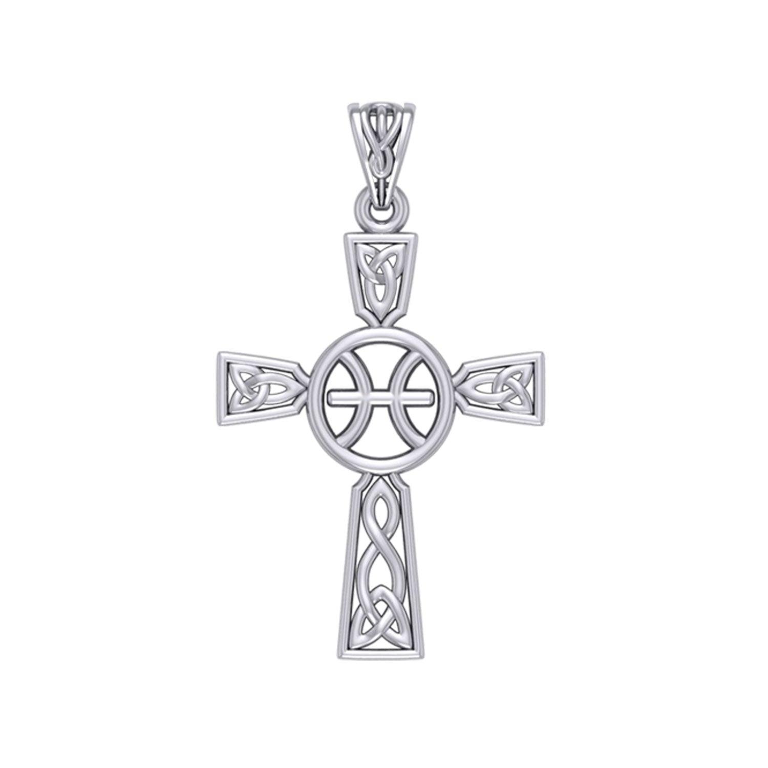 Celtic Cross Pisces Astrology Zodiac Sign Silver Pendant