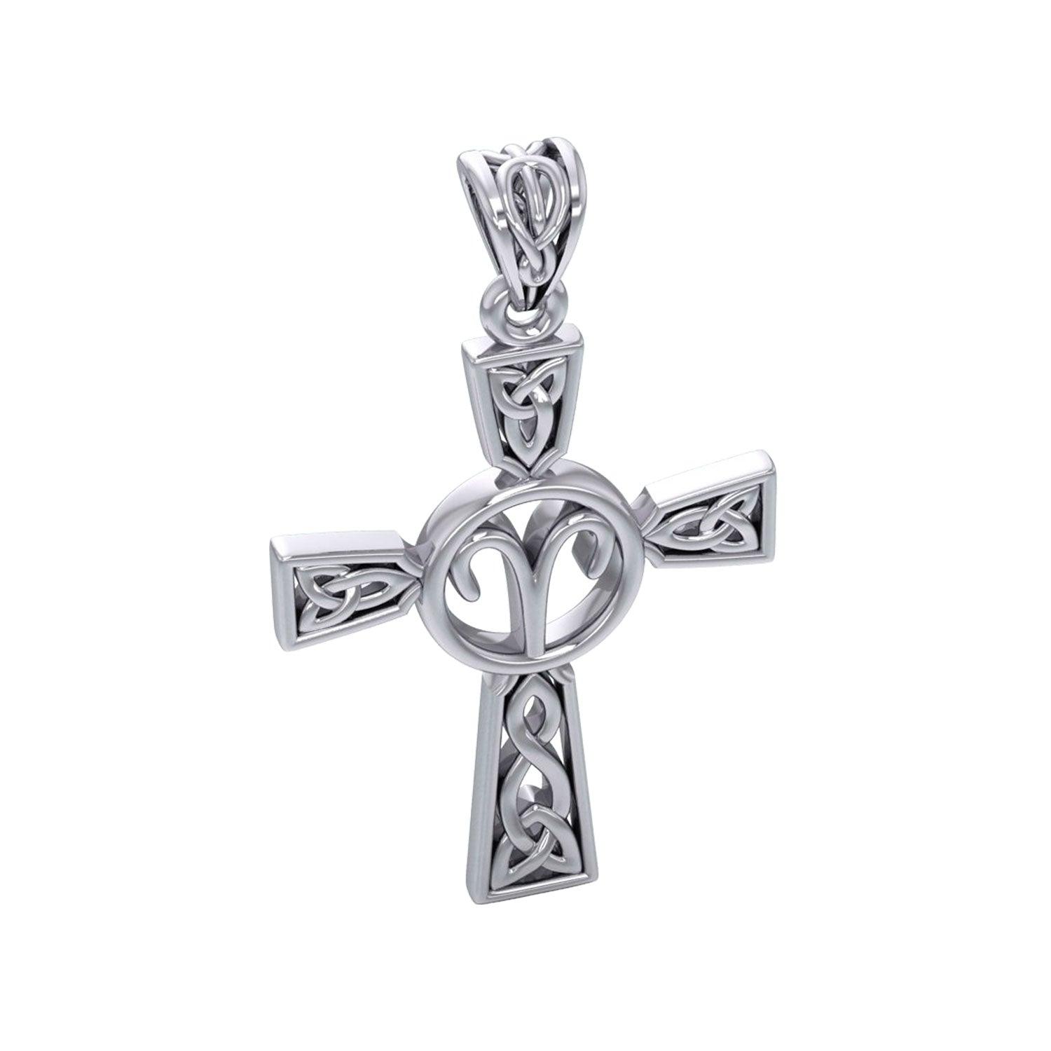 Celtic Cross Aries Astrology Zodiac Sign Silver Pendant
