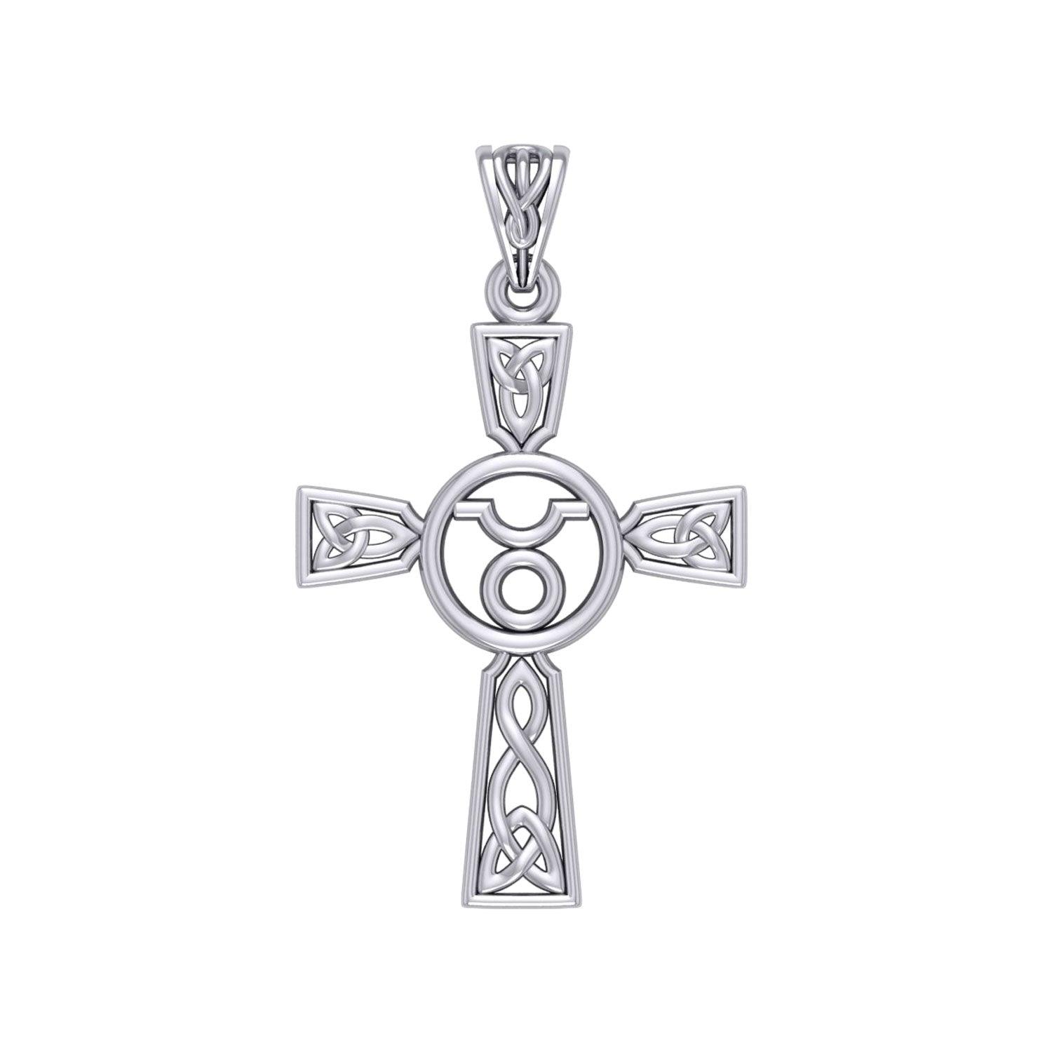 Celtic Cross Taurus Astrology Zodiac Sign Silver Pendant